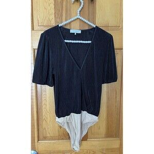 Black Short Sleeve Bodysuit Deep V Ribbed Sz M Evening Formal Prom Party NYE